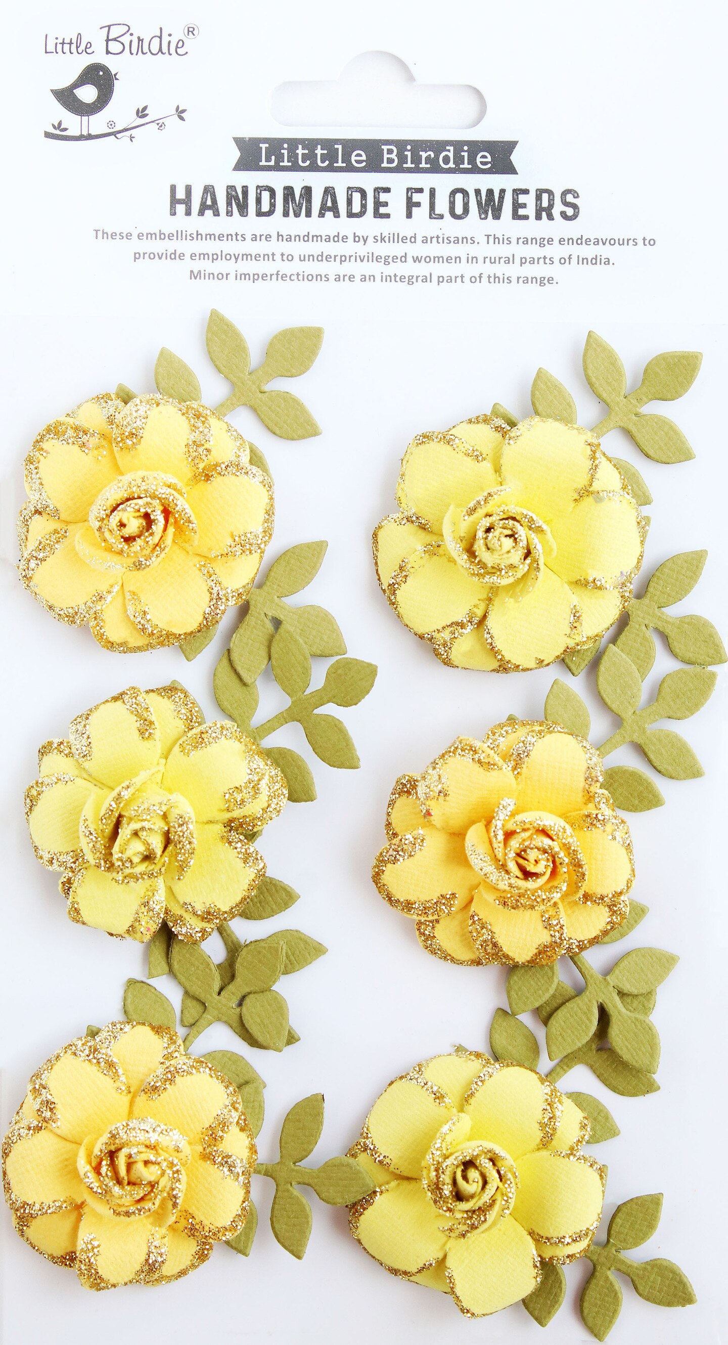 Little Birdie Pixie Rose Paper Flowers 6/Pkg-Sunshine