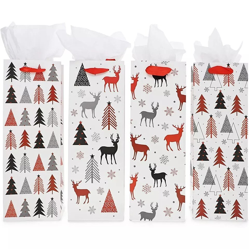 12 Pcs Christmas Wine Bags, Paper Tote Gift Wrapping with Tissue Paper 4x5x13.5"