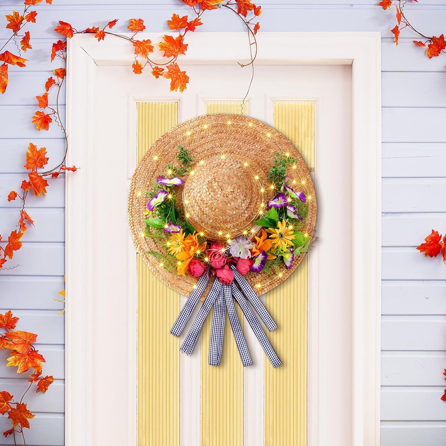 Straw Hat Wreath Lighted Artificial Flower Wreaths Wide Brim Straw Wreath with String Lights for Window Wall Mantel