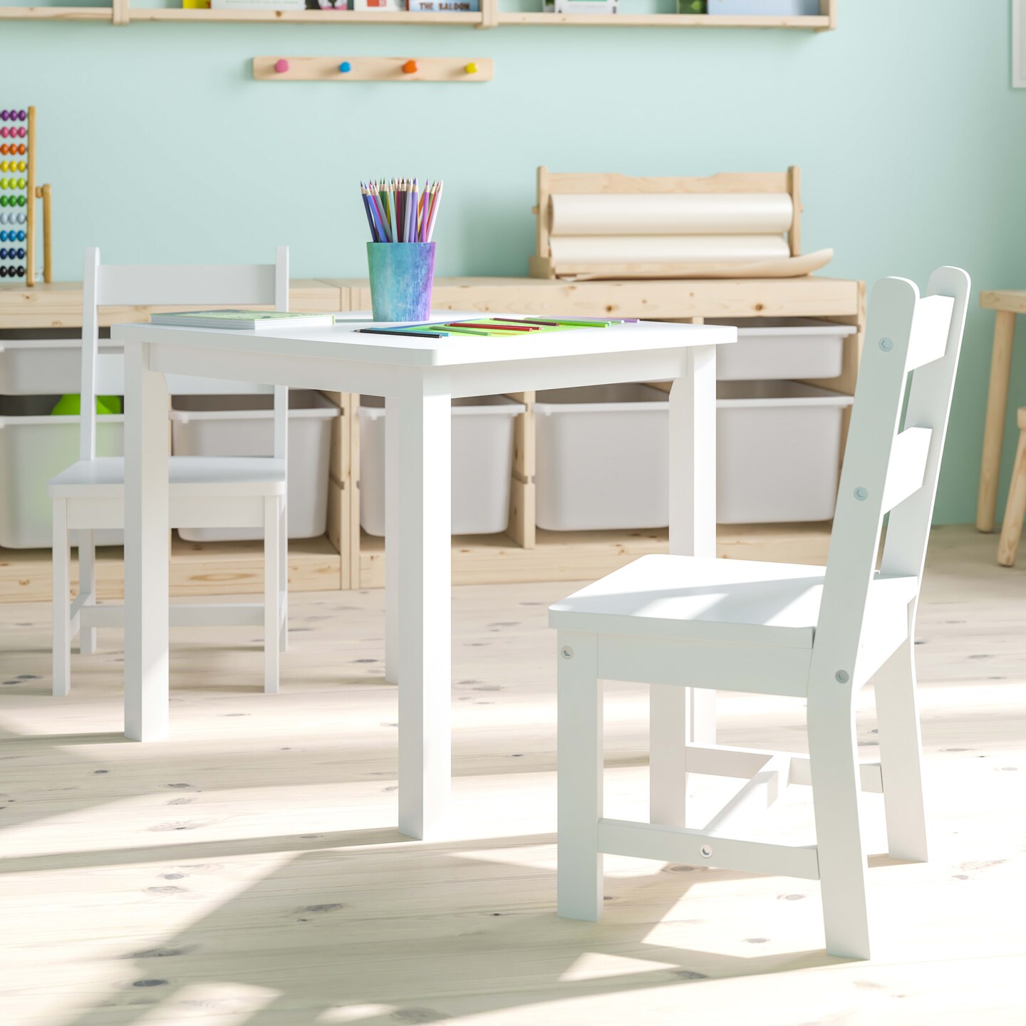 Emma and Oliver Kids 3 Piece Solid Hardwood Table and Chair Set for Playroom, Kitchen