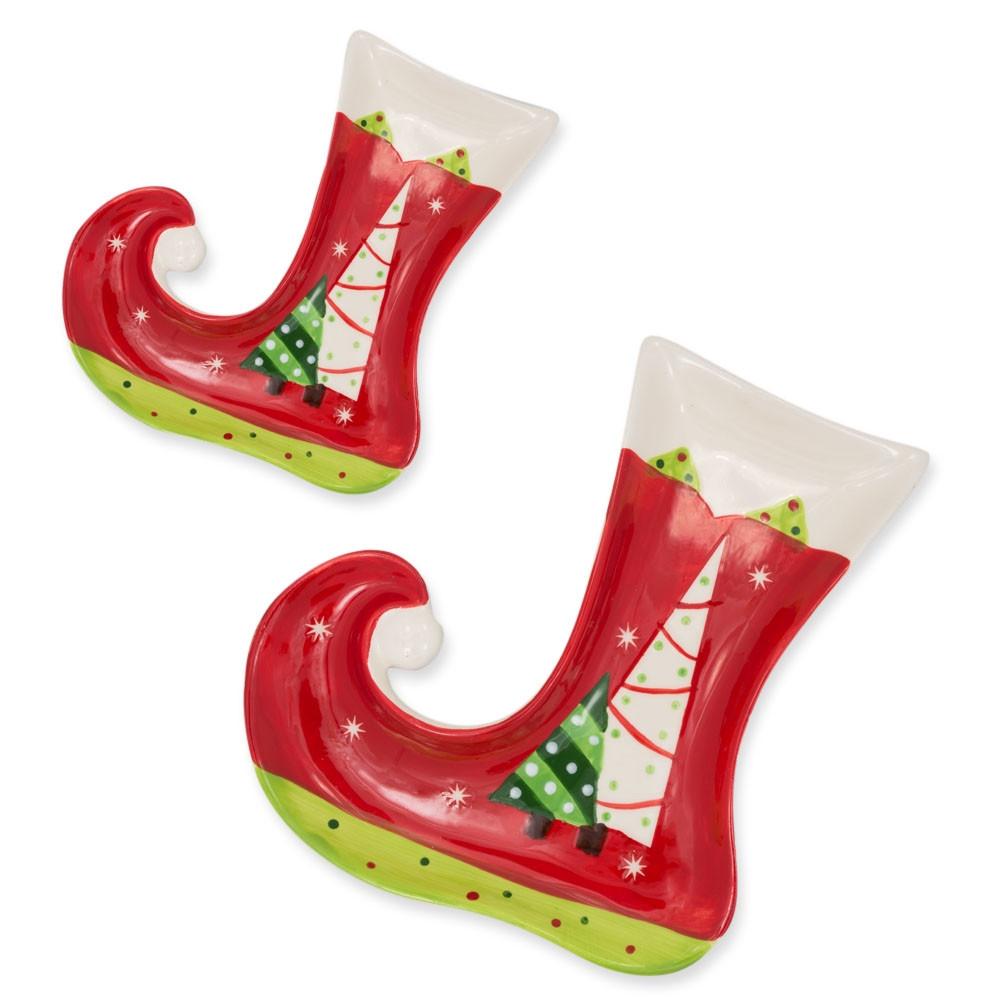 Set of 2 Christmas Stockings Shape Ceramic Plates Serving Trays