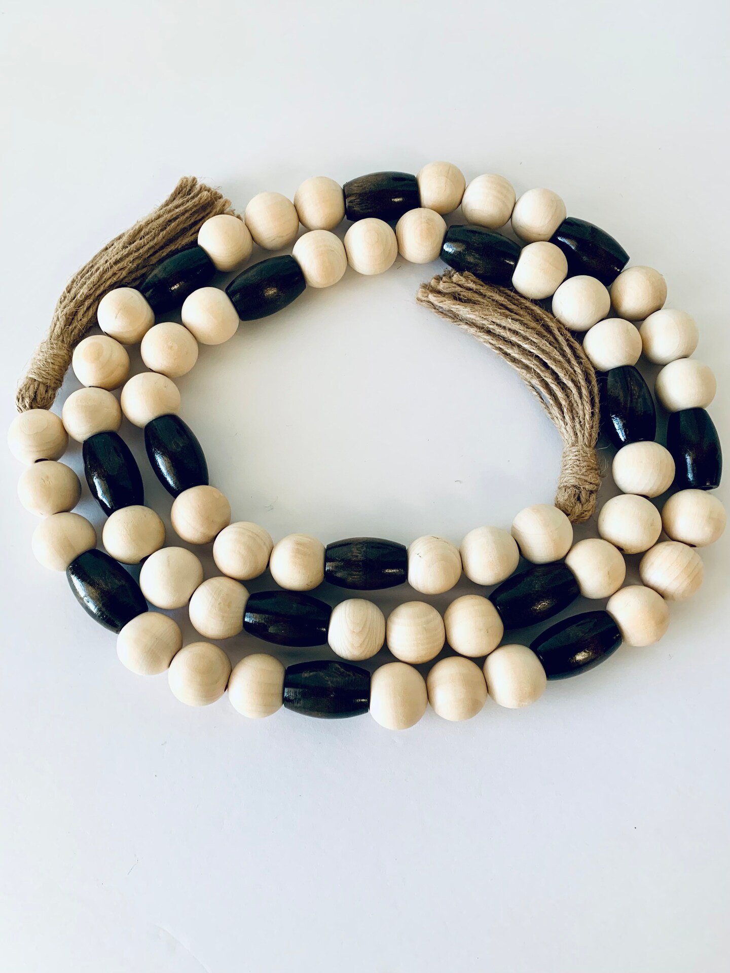 Wood Beaded Garland with Jute Tassels | Beautiful Decorative Garland with a Mix of Little and Dark Tones
