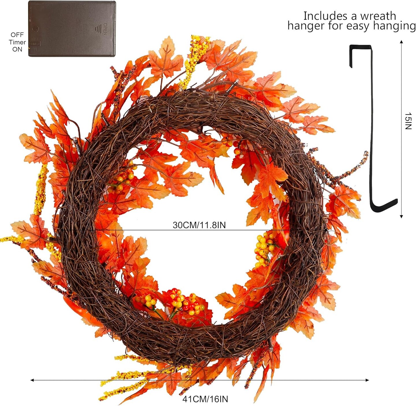 Lighted Fall Wreath with Metal Hanger, 16&#x22; Pre-lit Autumn Harvest Wreaths with 20 LED Lights