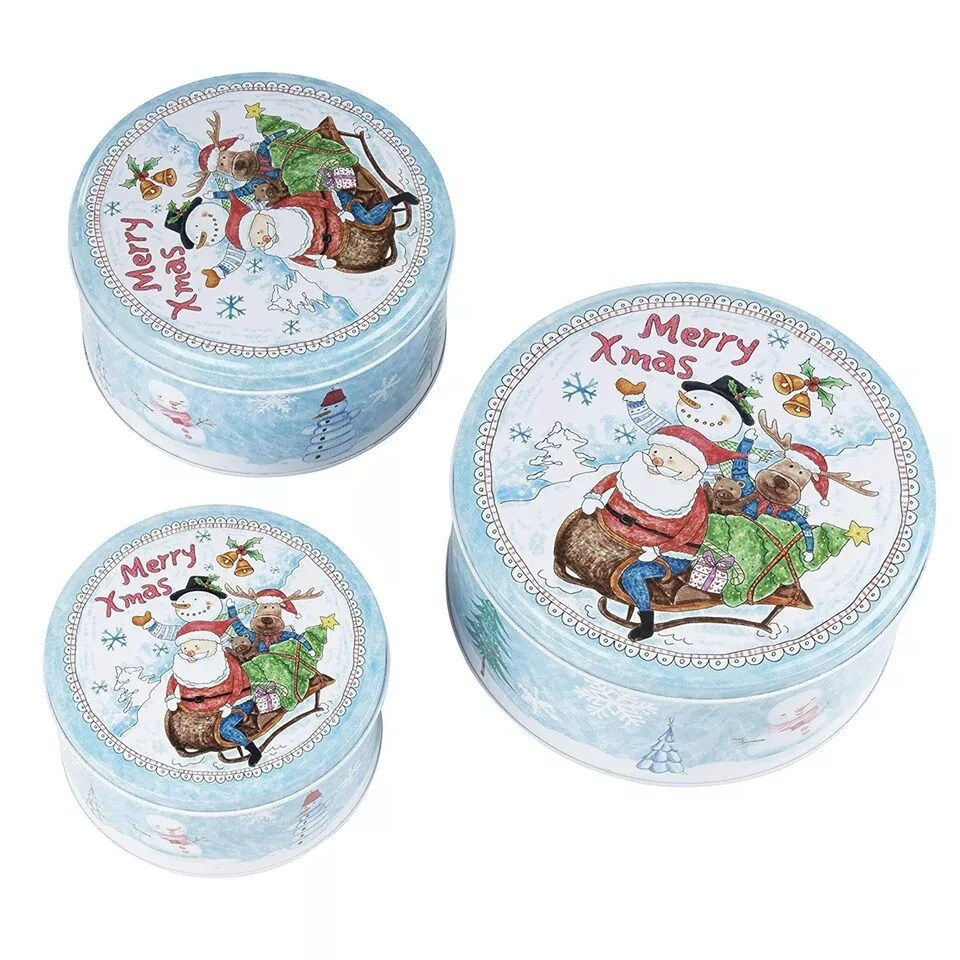 Set of 3 Christmas Nesting Cake Tins Cookie Food Storage Containers with Lids