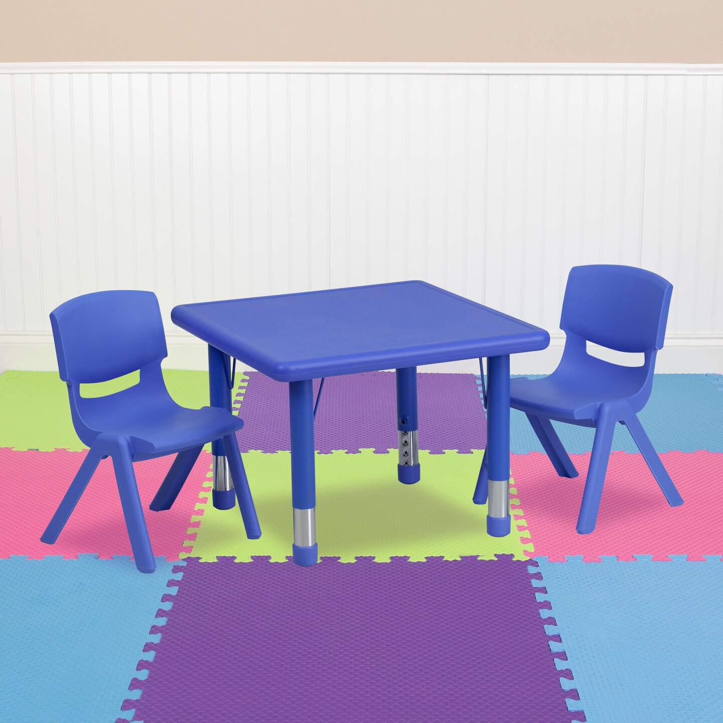 Emma and Oliver 24" Square Plastic Height Adjustable Activity Table Set with 2 Chairs
