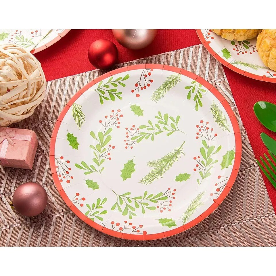 144 Piece Christmas Party Plates, Napkins, Cups, and Cutlery, Serves 24