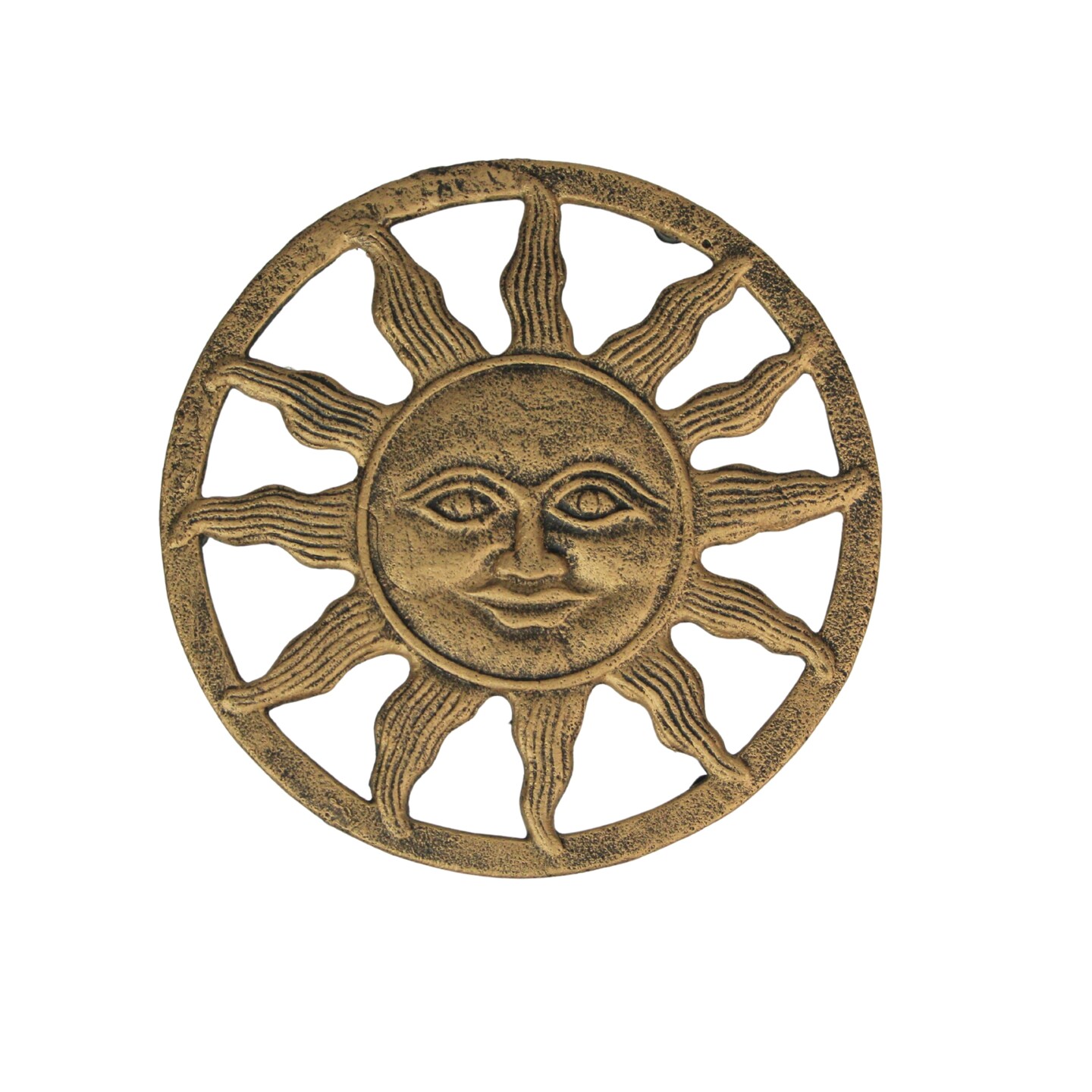 Cast Iron Sun Face Trivet – Distressed Gold Finish, Heat-Resistant Kitchen Decor