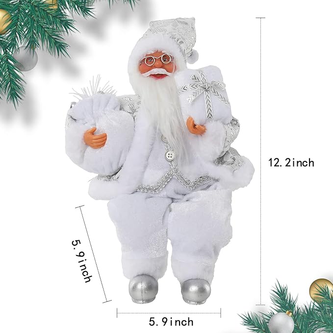 Christmas Sitting Santa Hand Crafted White Silver Coat Santa Claus Figurines Doll with Gift Bag and Presents Christmas Decoration for Home Office Table Xmas Party Ornament Gift