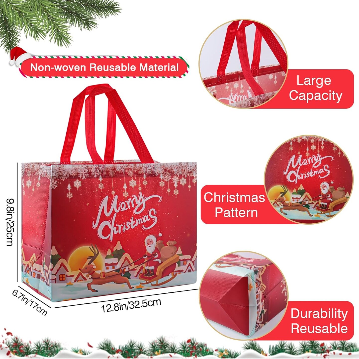 18 Pack Christmas Gift Bags Assorted Sizes,Large Non-Woven Christmas Tote Bags Christmas Reusable Gift Bags with Handles - Large Xmas Gift Bags