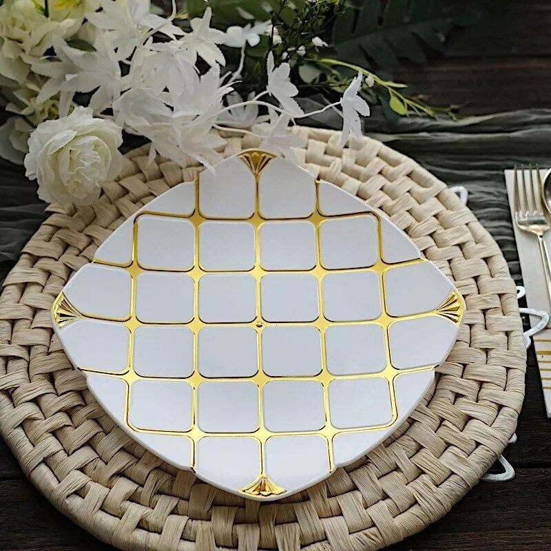 10 White 10&#x22; Square Plates Gold Geometric Design Party Event Tableware Supplies