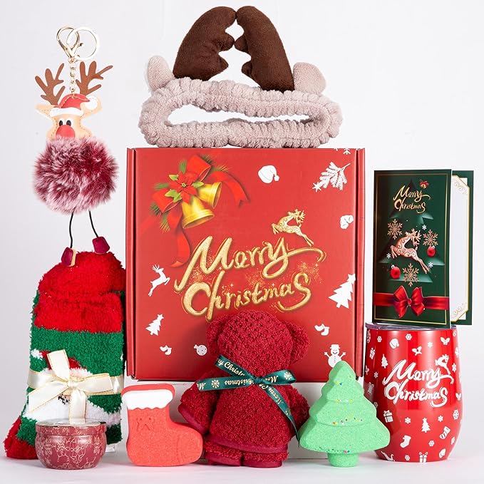 Christmas Gifts Basket for Women Men,Merry Christmas Gifts,Thank You Gifts Relaxing Bath Gifts Scented Candles Insulated Tumbler Gifts Set for Wife Best Friends Sister Mom