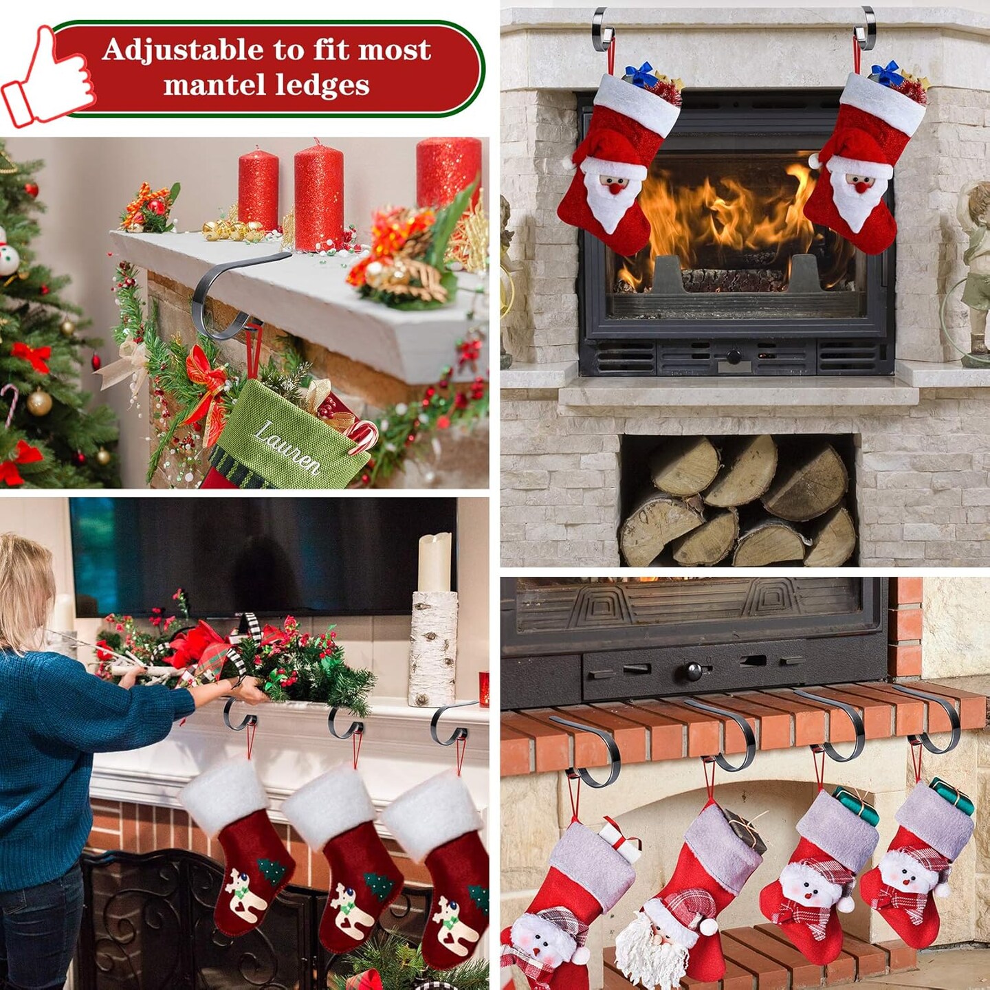 Christmas Stocking Holders for Mantle Set 4,Protective Pads Christmas Stocking Holders for Fireplace Mantle,Multi-uses Stocking Hooks for Mantle,Mantel Stocking Holders Clip for Xmas Party Decoration