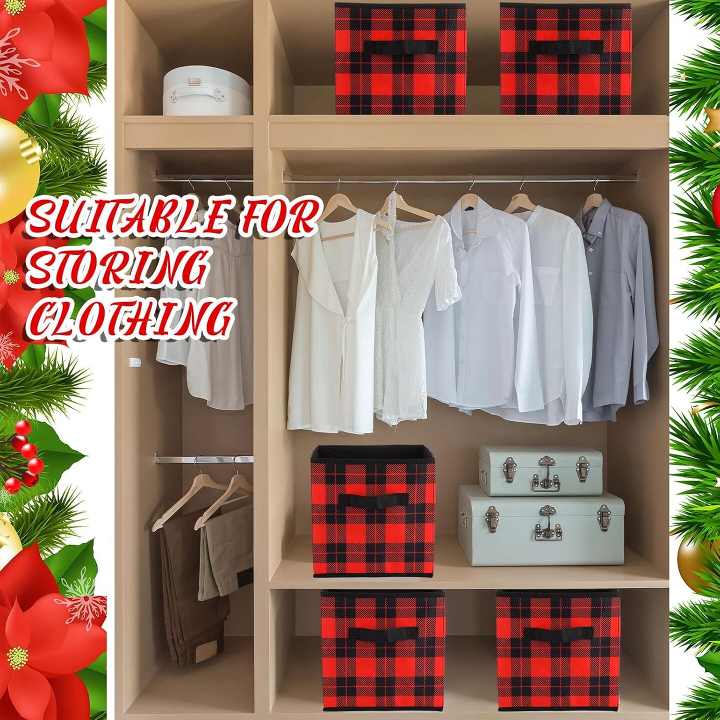6 Pcs Buffalo Plaid Storage Bins Christmas 10&#x27;&#x27; Buffalo Plaid Foldable Fabric Storage Cube with Handles Christmas Basket Storage Box Organizers for Toys Shelf Closet Home Gift(Red and Black)