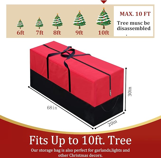 Christmas Tree Storage Bag, Fits Up 10 Ft Tall Artificial Trees-Heavy Duty Holiday Storage Box with Durable Reinforced Handles & Zipper & Transparent Pocket- 600D Oxford Tree Storage Container, Red