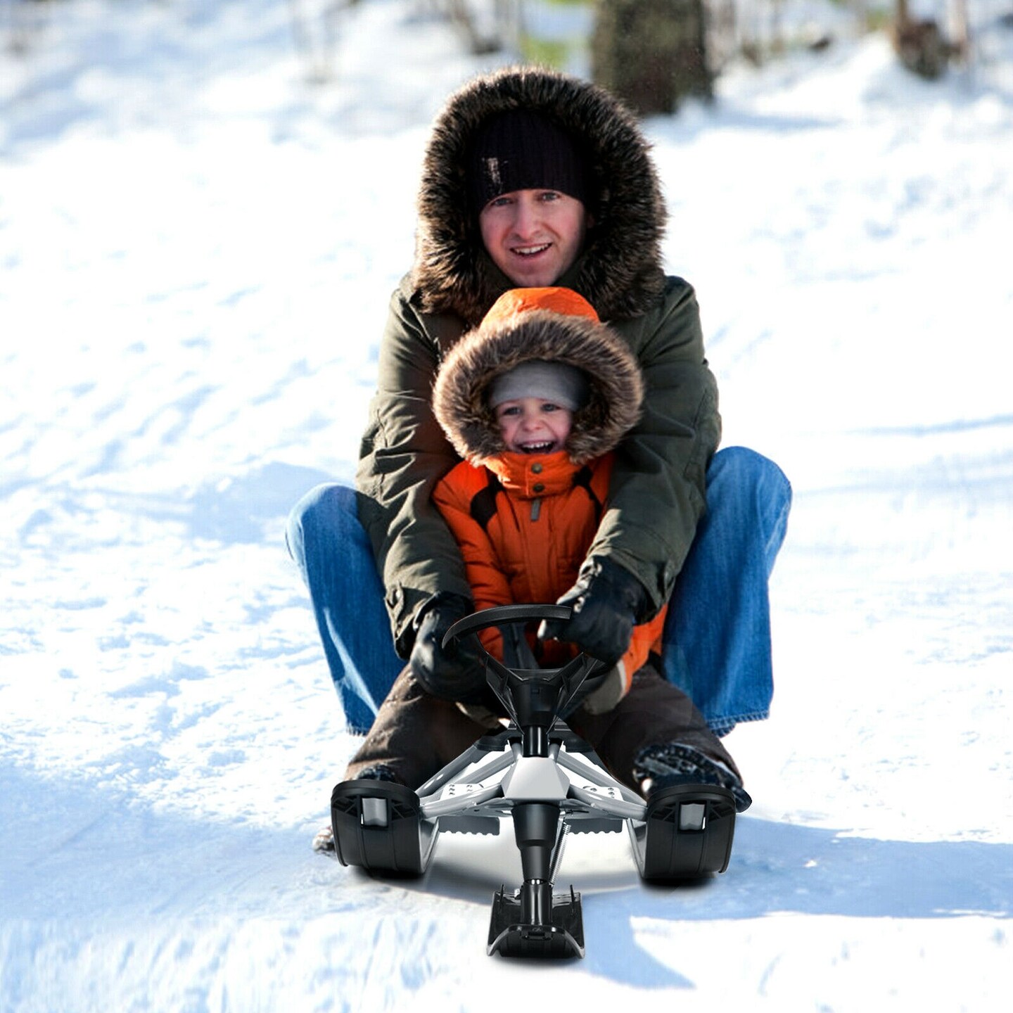 Kids Snow Sled with Steering Wheel and Double Brakes Pull Rope