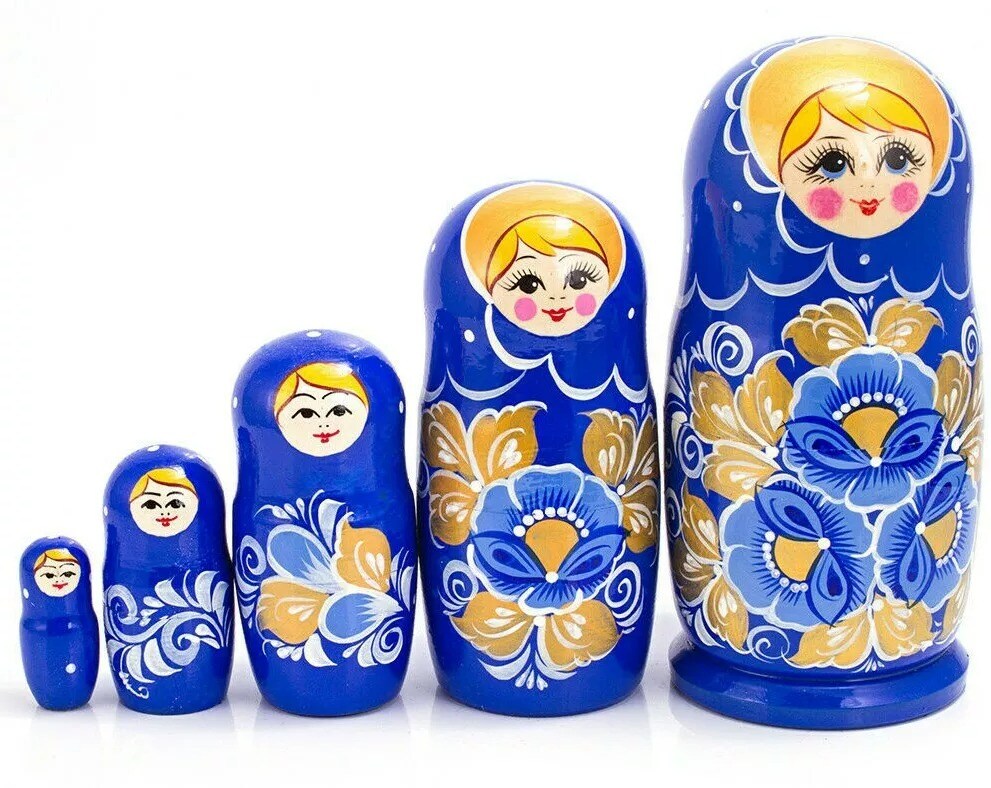 Russian Doll, with Blue Flowers, Handmade 6.5-inch Tall Matryoshkas 5 PCS