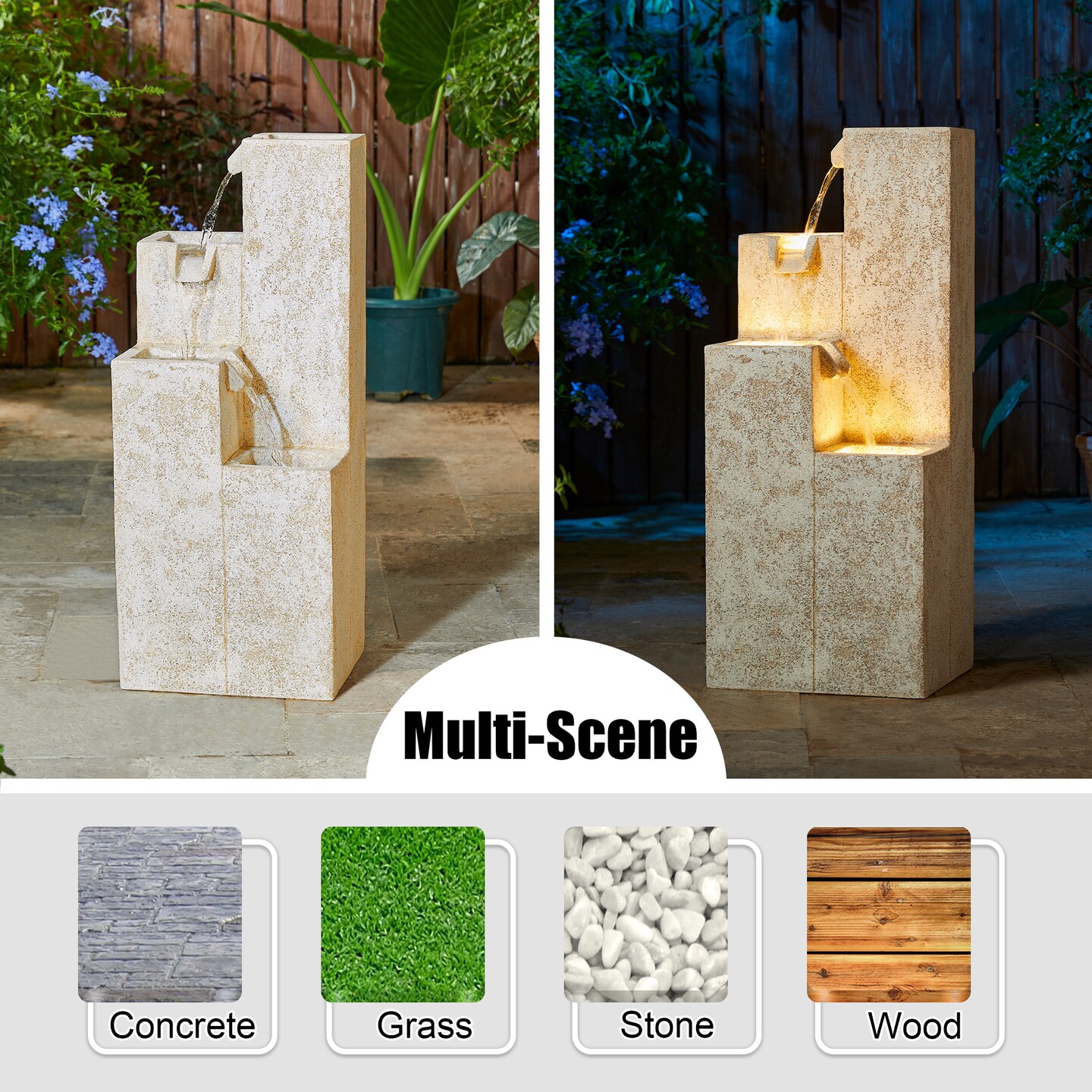 34.00"H Mid-Century Modern 4-Tier Faux Terrazzo Geometric Square Column Polyresin Outdoor Floor Fountain with Pump and LED Light