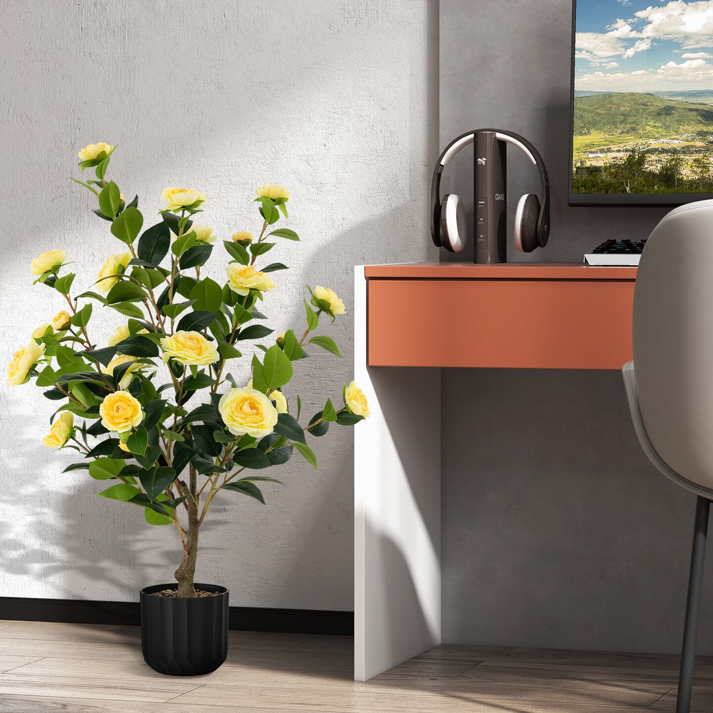 Faux Camellia Flower Tree 38 Inch Decorative Indoor Plant Pot