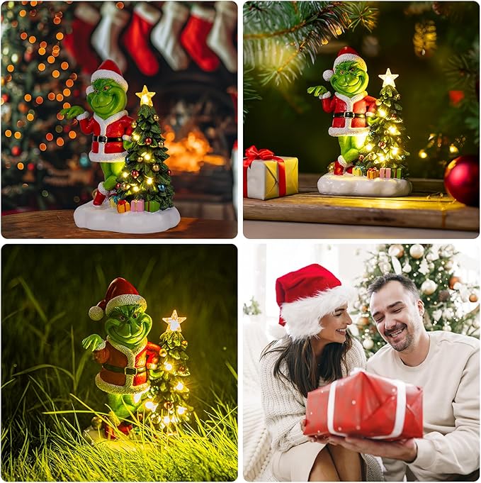Solar Garden Outdoor Statues with Christmas Tree and LED Lights,Lawn Christmas Decorations Statues for Patio,Balcony,Yard Ornament,Unique Housewarming, Birthday Gifts for Mom Grandma