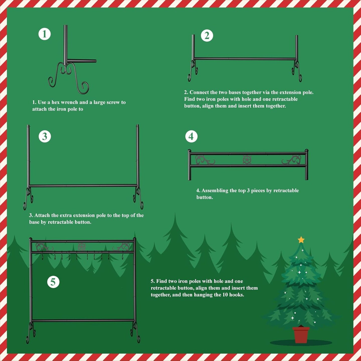Christmas Stocking Holder Stand with 10 Hooks - Heavy Duty Rack Stocking Hooks for Hang up to 10 Holiday Stockings, Ornaments, Black