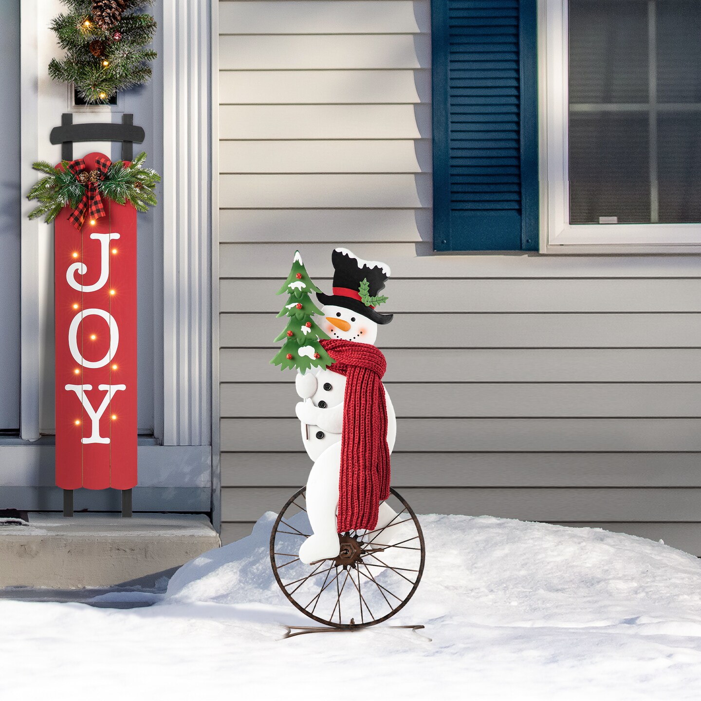 Set of 2 32'''H/34''H Christmas Metal Bike Wheel Snowman Porch Decor
