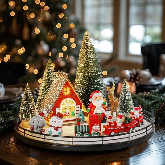 Christmas Village Sets, Winter Xmas Holiday 13” Lazy Susan with Light-up House Christmas Trees Santa Snowman Table Centerpieces Town Building Collection Décor