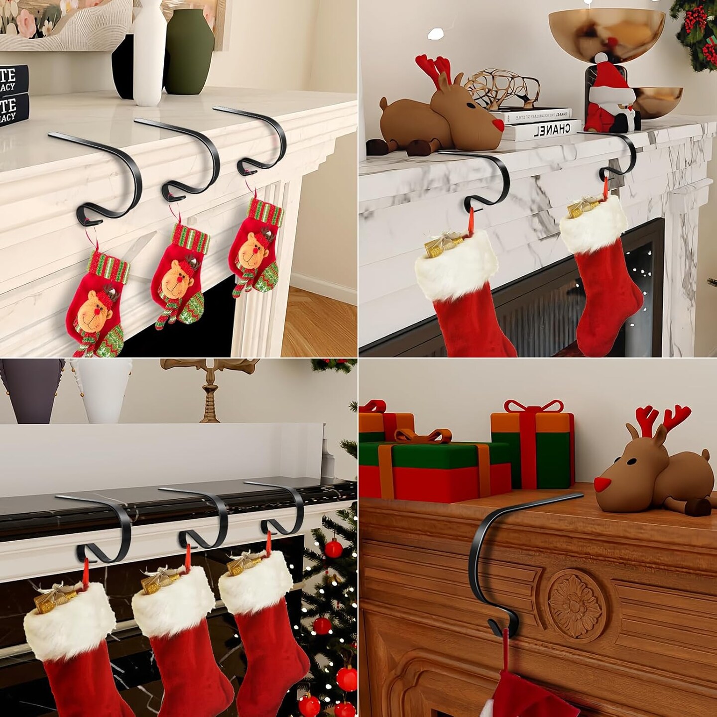 Christmas Stocking Holders with Scratch Protection for Fireplace Mantle, 5 Pack Christmas Stocking Holder for Christmas Stockings Filled with Gifts, Christmas Decoration Supplies (Black)