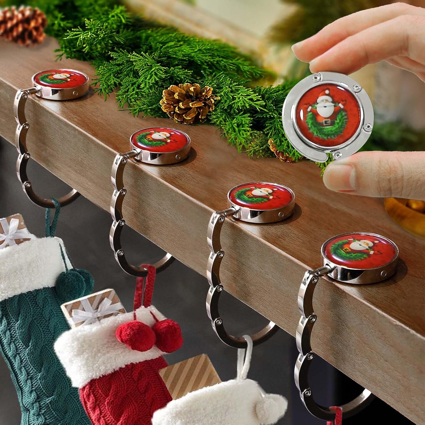 Christmas Stocking Holders for Mantle Set 4,Upgrade Non-Slip Fireplace Stocking Hooks,Lightweight Metal Stocking Hangers for Mantel Santa Claus Xmas Decoration Party Decor Silver Flat Weighted