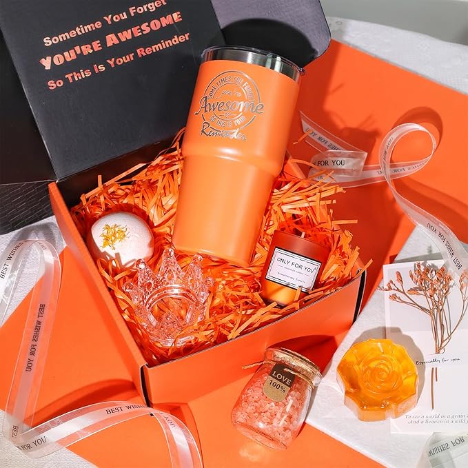 Basket Set Birthday, Mothers Day, Valentines Day Christmas Gifts for Mom, Sister, Her, Girlfriend, Wife Bright Orange Gift Box