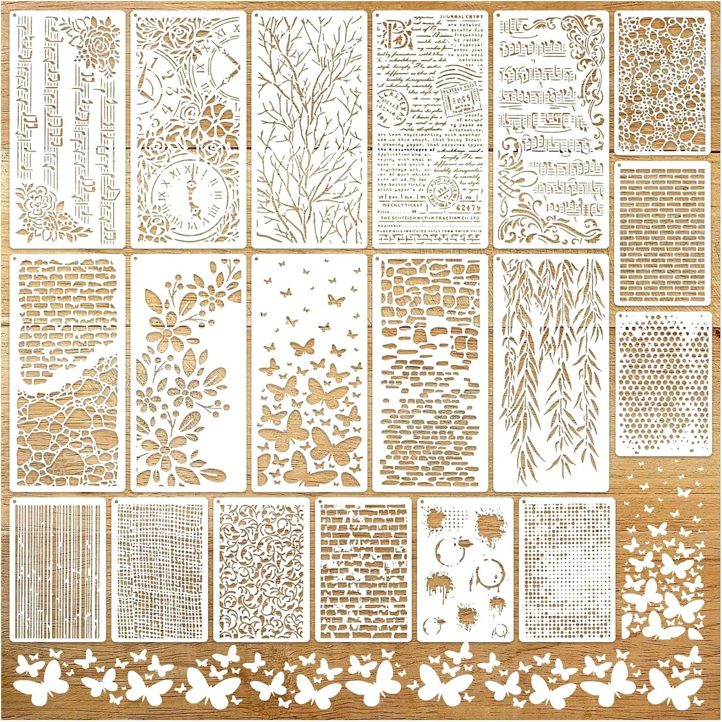 19pcs Stencils for Crafts Reusable Musical Notes Brick Branches Floral Texture Dot Background Template Drawing Layering Stencils for Painting on Wood Scrapbook Furniture Paper Card Decor(crafts19)