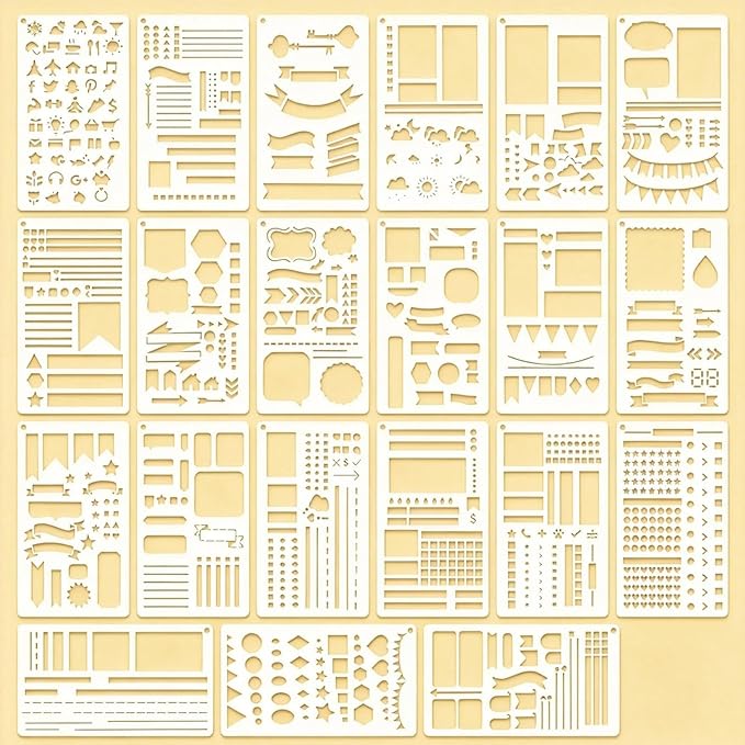 21Pcs Planner Stencils Bullet Journal Stencils - 4x7 Inch Scrapbook Stencil Set for Journaling, Notebook DIY, Scrapbooking, Greeting Cards, Diary Letters & Planner Templates