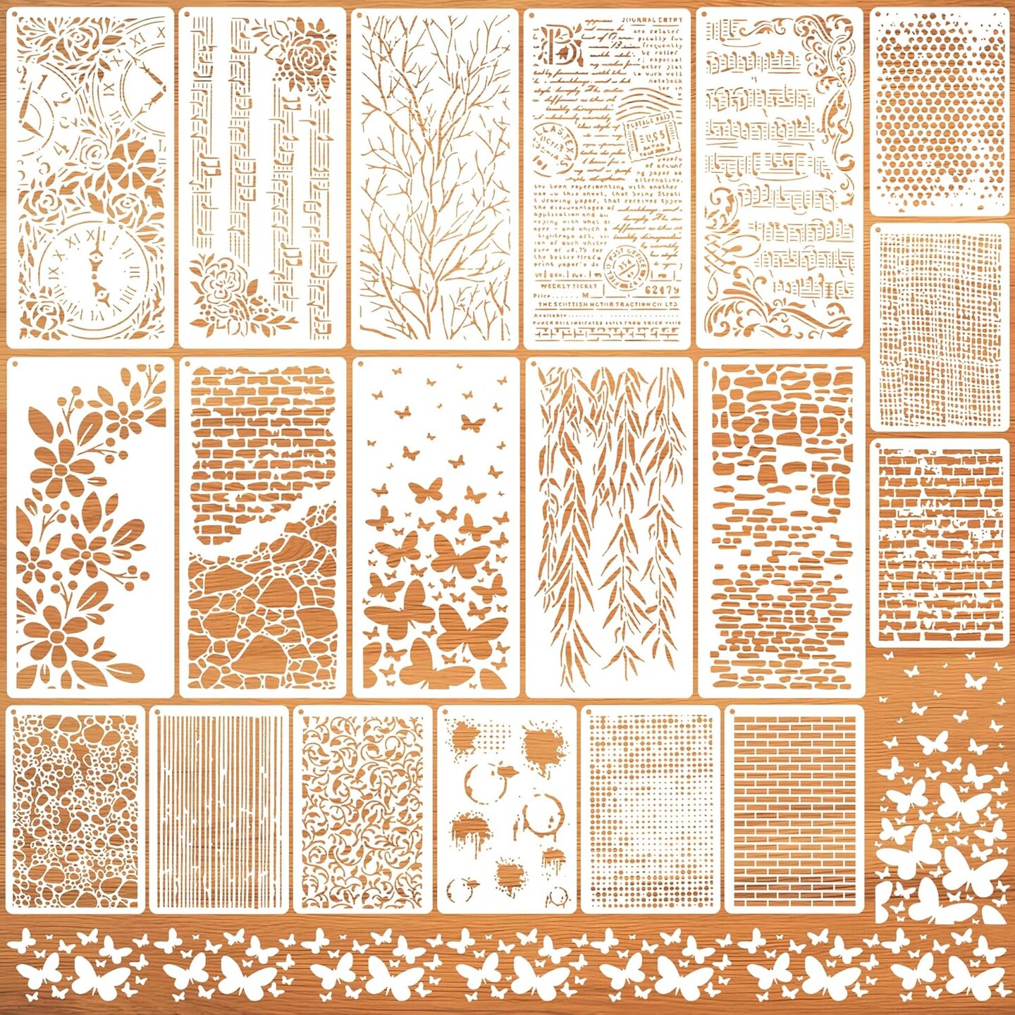 19 Pcs Stencils for Crafts Reusable,Branches Musical Notes Brick Floral Journal Stencils for Junk Journal,Art Card,Scrapbook,Cake and Wood Furniture