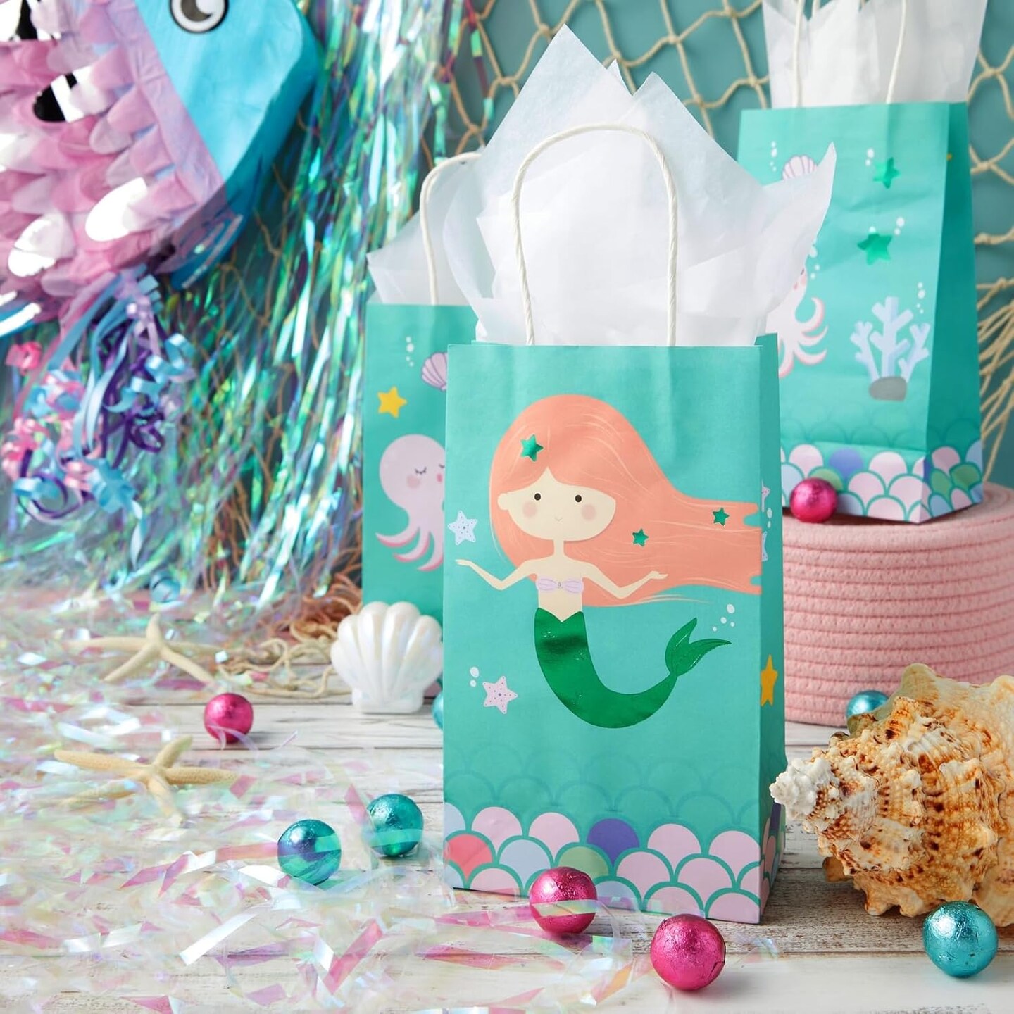 24 Pack Mermaid Gift Bags with Handles for Mermaid Birthday Decorations, Goodies, Treats (5.3 x 3.2 x 9 In Under The Sea Party Bags)
