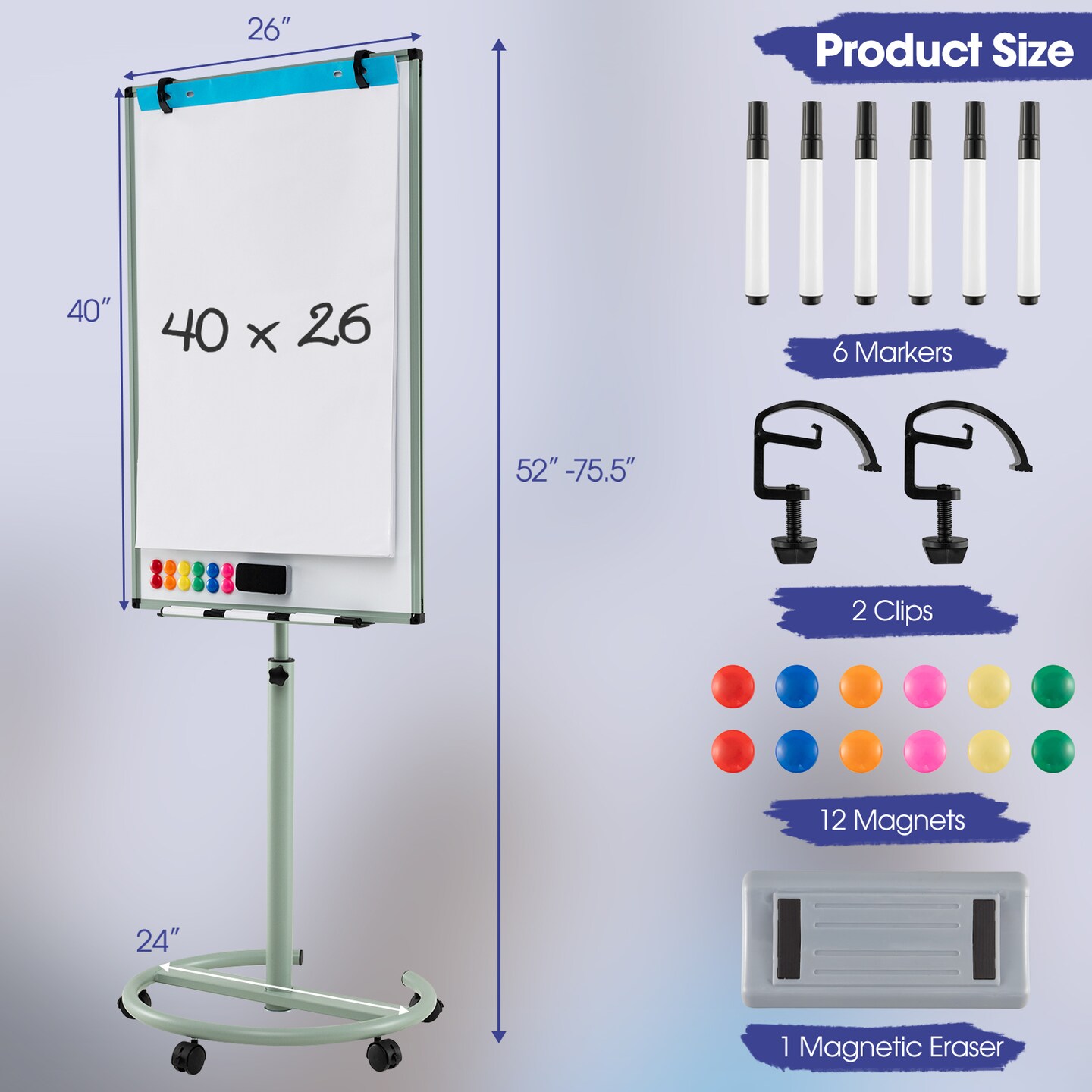 Rolling Whiteboard with Markers, Paper Pad, and Magnets