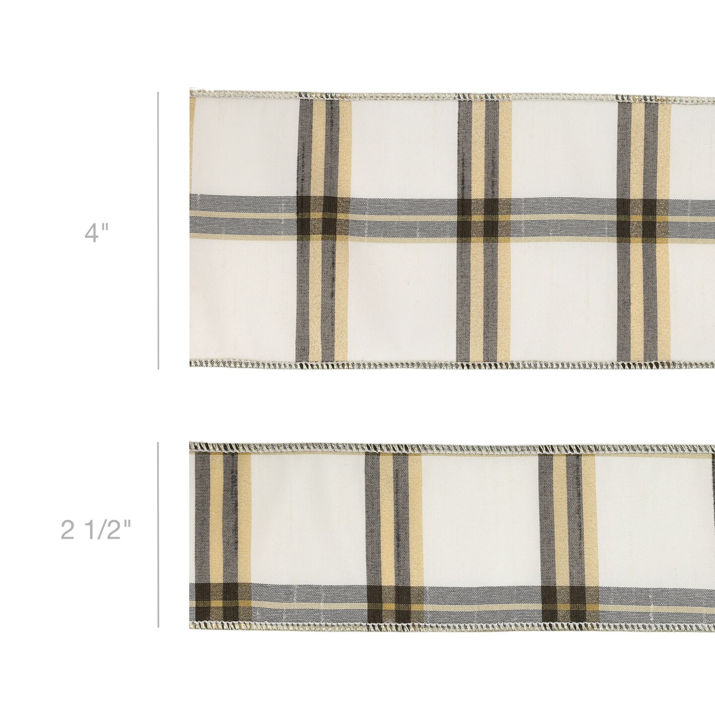 LaRibbons 4" - 2 1/2" Wired Ribbon | Ivory/Black/Gold Plaid | 10 Yard Roll