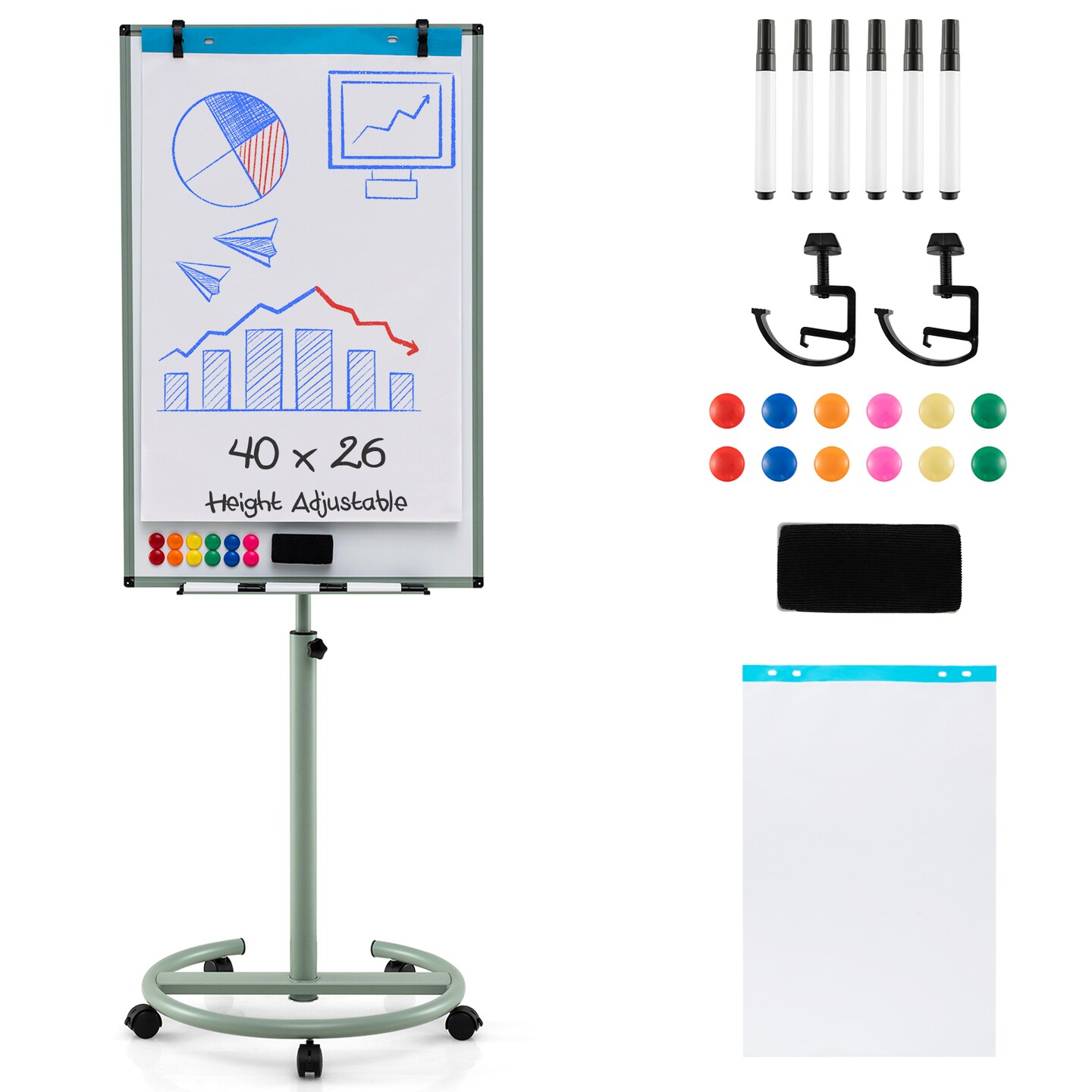 Rolling Whiteboard with Markers, Paper Pad, and Magnets