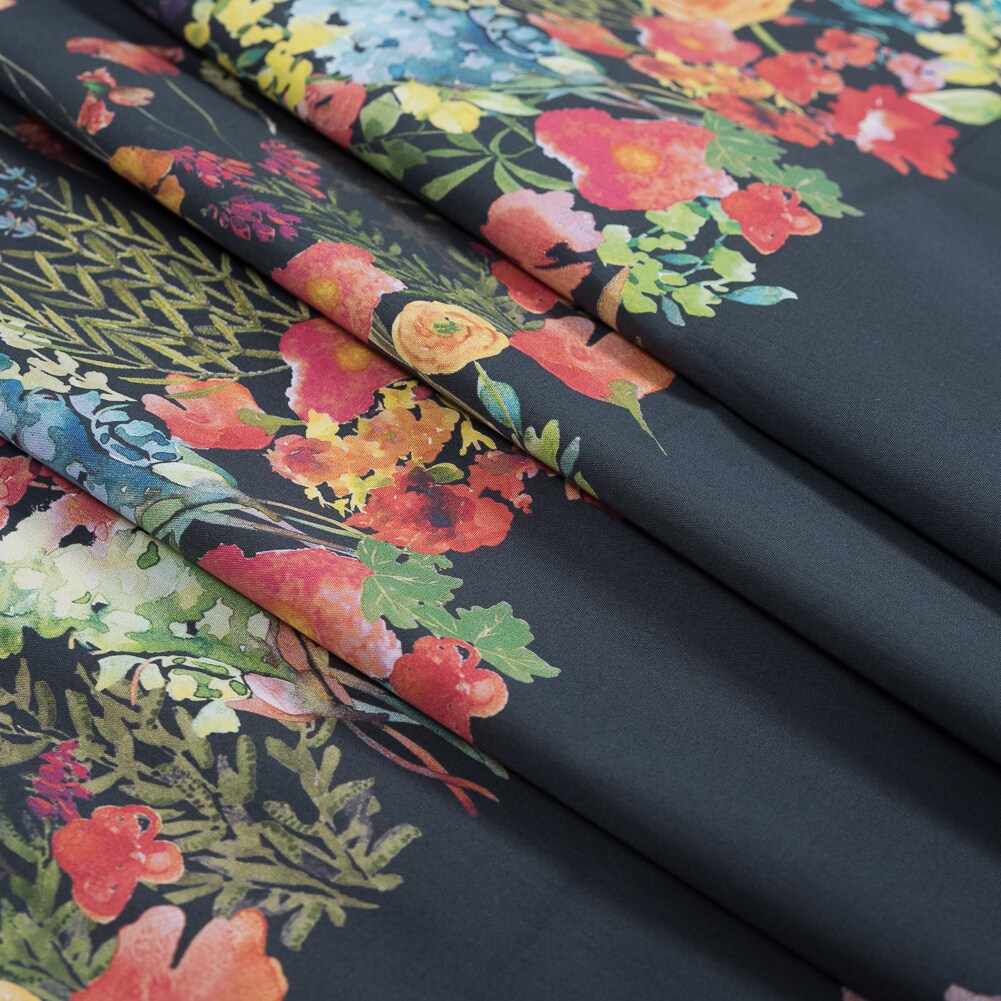 1 Panel Cotton Poplin Midnight Blue Floral Band Promenade au Pavot Print Fabric