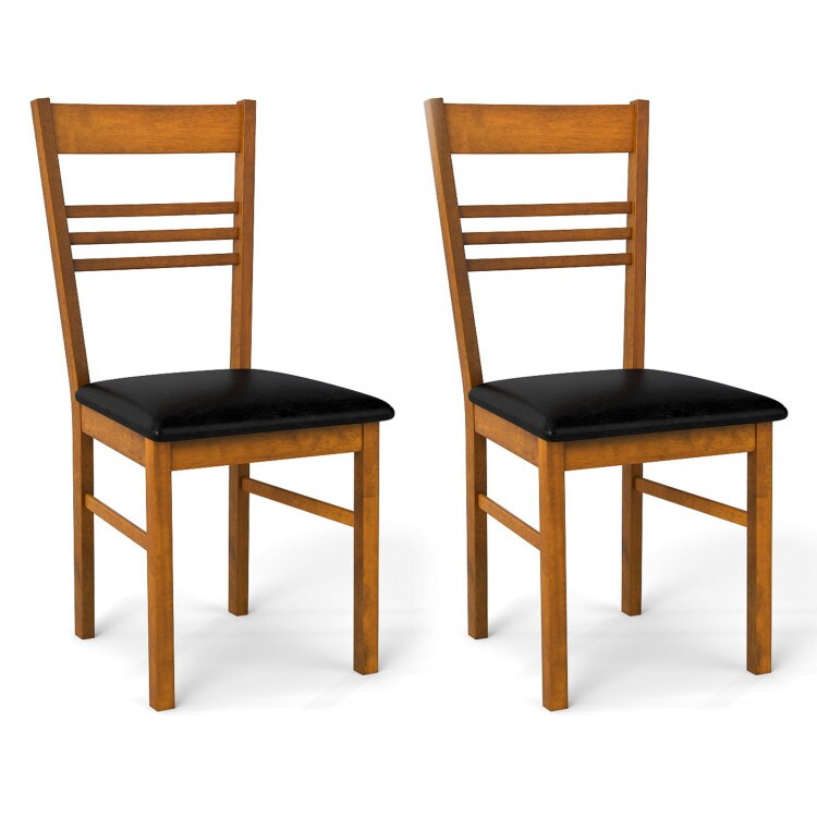 Mid-Century Walnut Dining Chairs Set of 2 Rubber Wood Frame, Black PU Leather Cushioned Seat