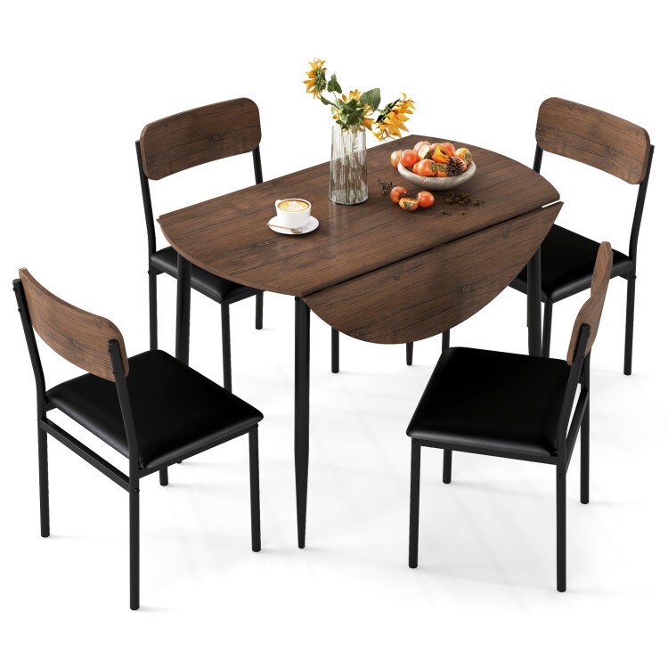 5-Piece Brown Dining Set – Round Drop-Leaf Table with 4 Upholstered Chairs, 330-lb Chair Capacity