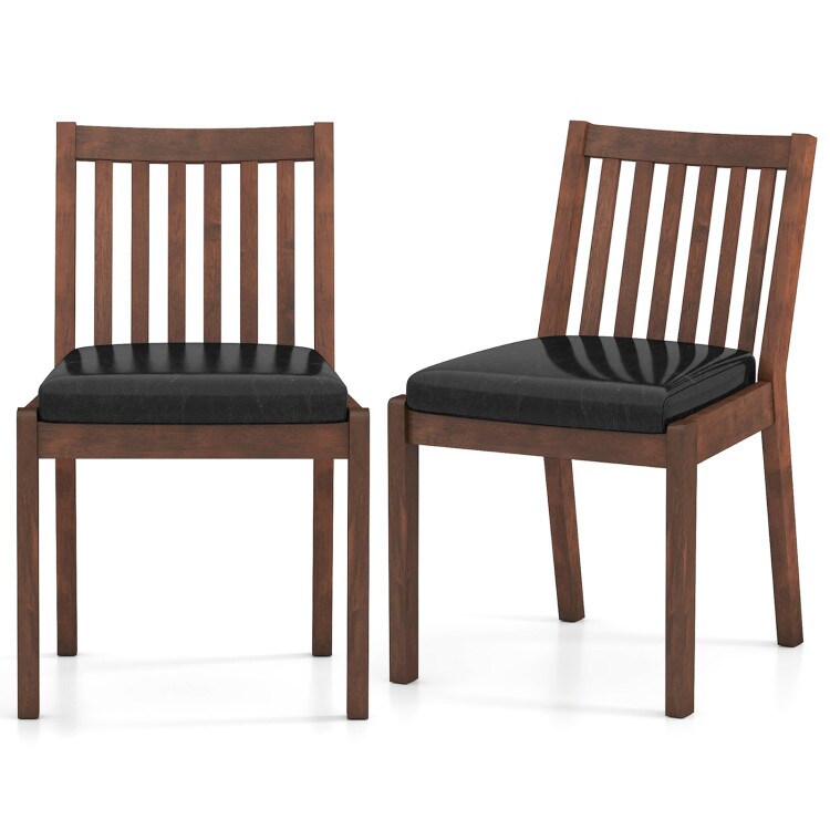 Espresso Wood Dining Chairs Set of 2 Black PU Leather Cushioned Seat, Ergonomic Slatted Back