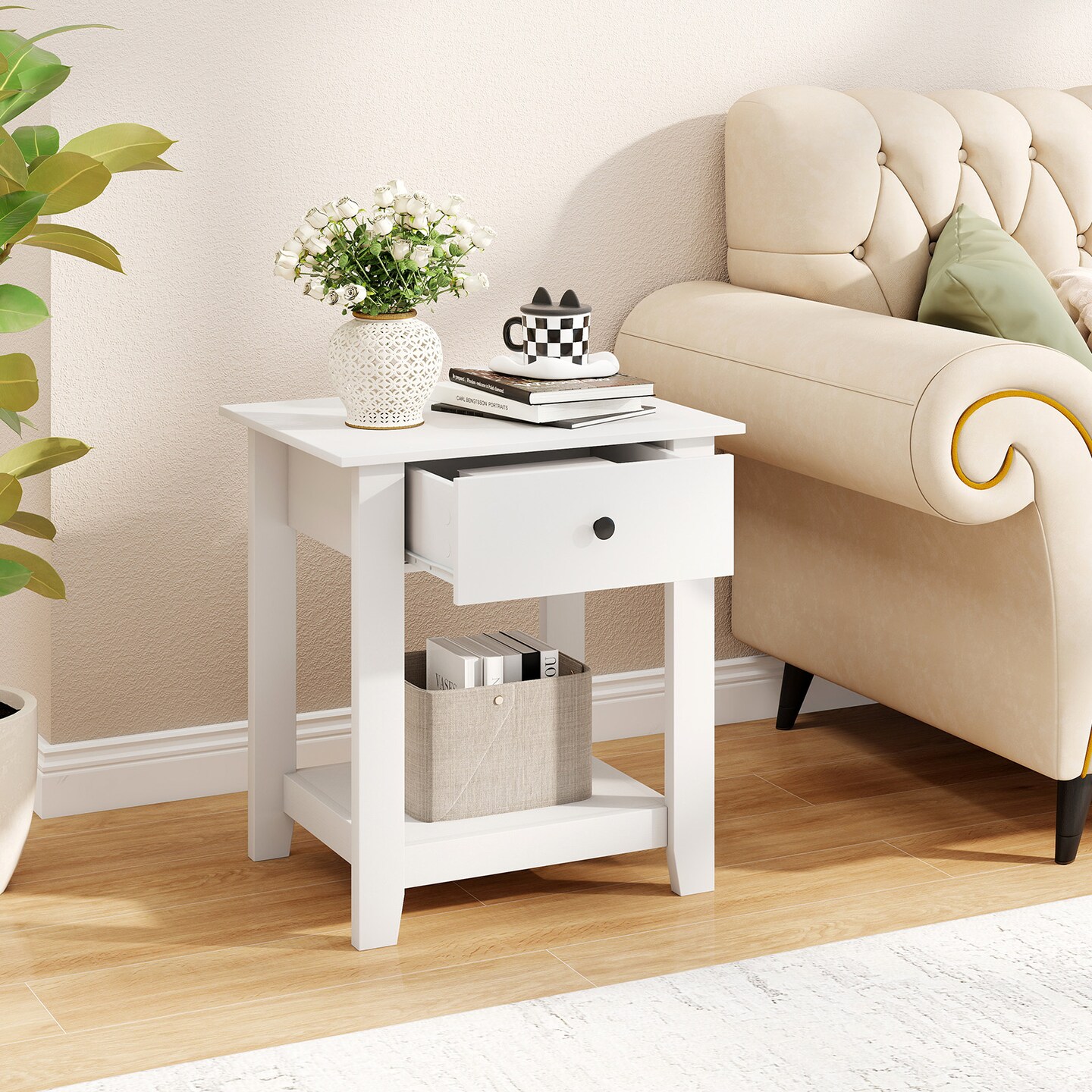 Modern Nightstand with Drawer 3-Tier Bedside Table with Open Shelf Storage
