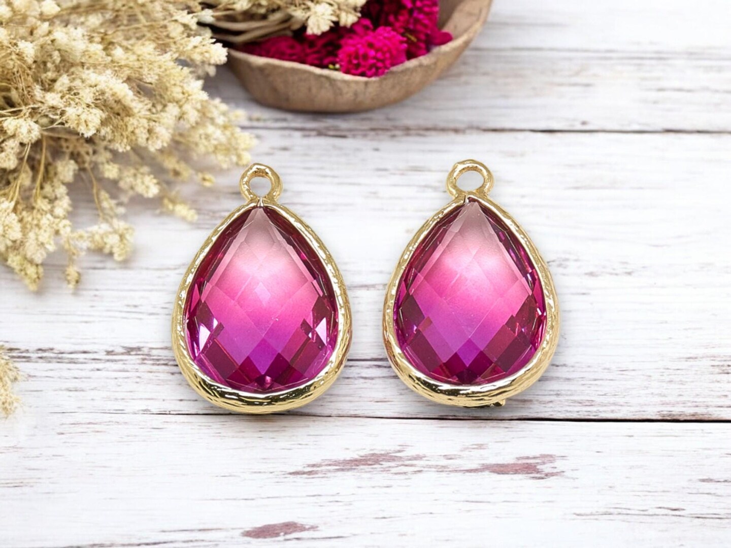 *5* 23x15mm Gold Plated Brass Faceted Teardrop Charms (2 Tone Pink)