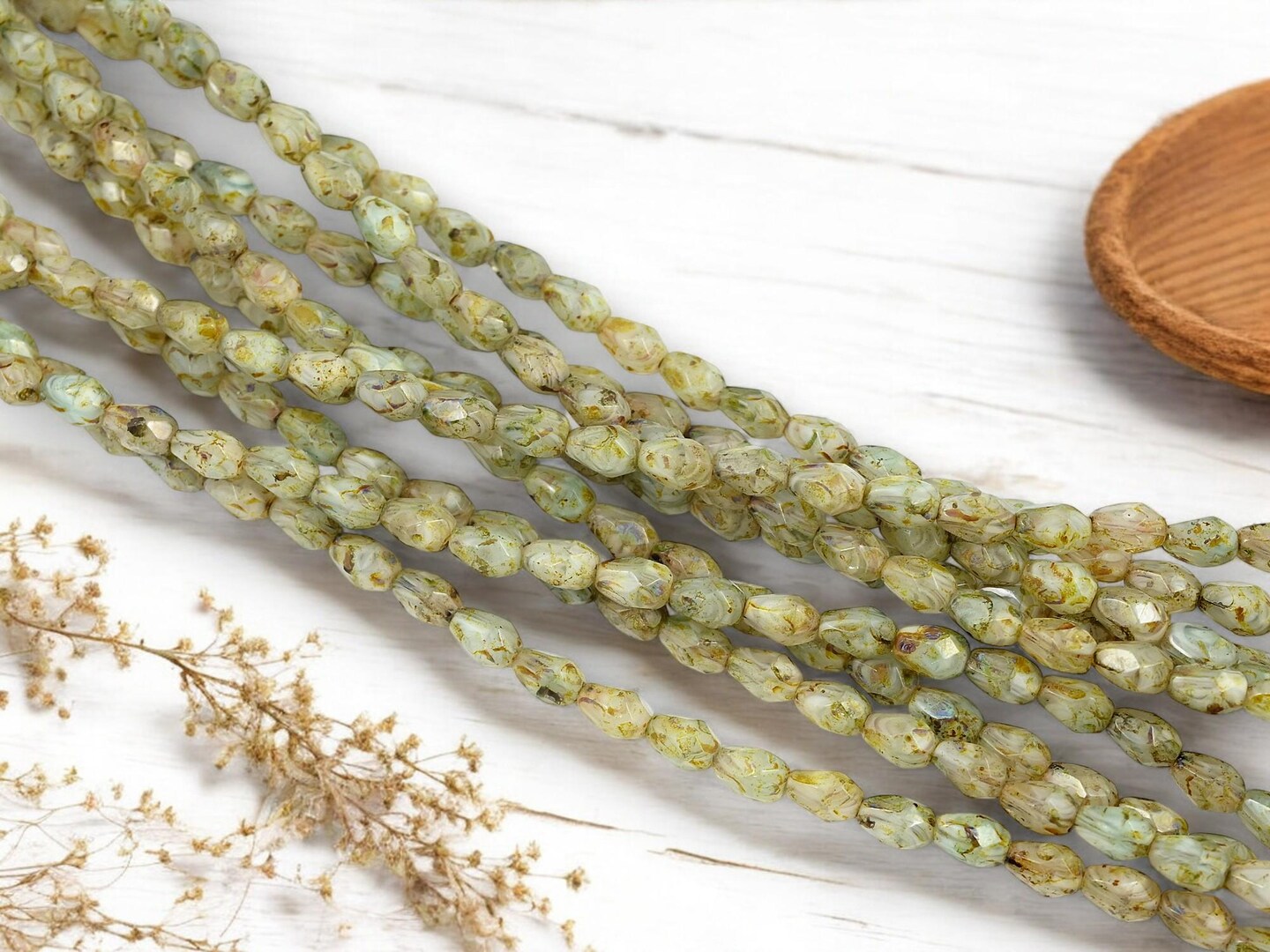 *29* 5x7mm Pale Sage Travertine Fire Polished Tear Drop Beads