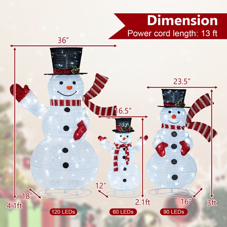 3-Piece Pre-Lit 3D Snowman Set with 270 LED Lights for Christmas Decor