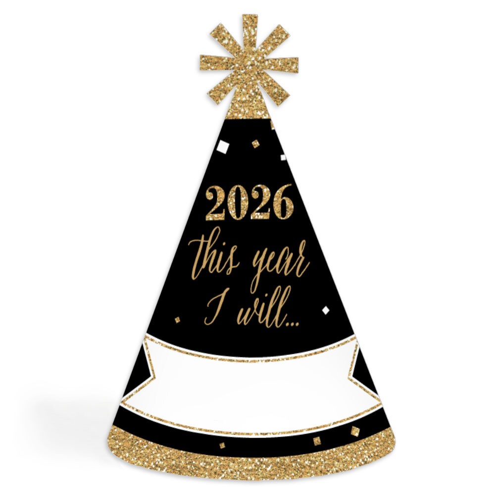 Big Dot of Happiness New Year's Eve - Gold - 2026 Cone New Years Eve Resolution Party Hats for Adults - Set of 8 (Standard Size)