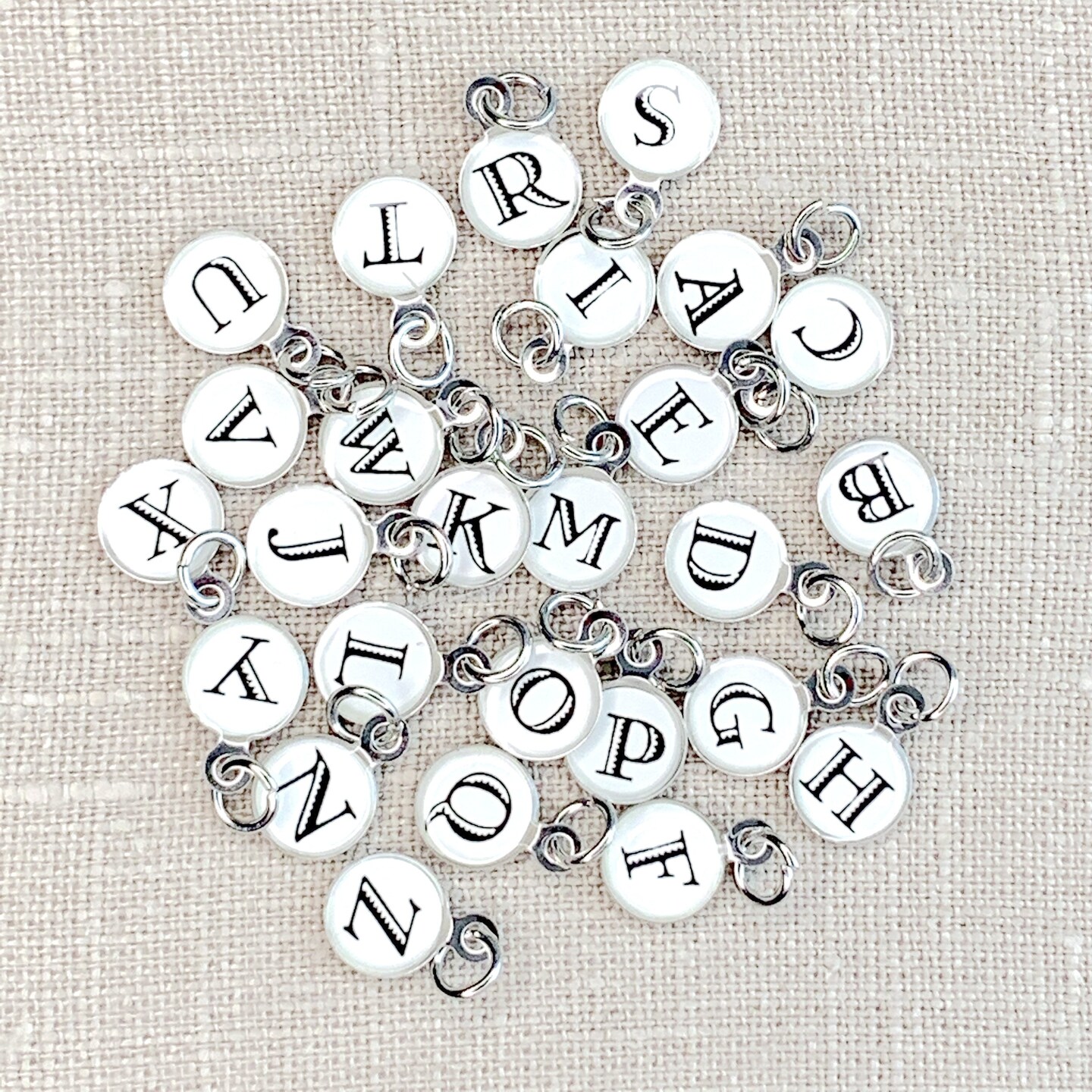 Silver Round White with Black Letters Alphabet Charms 26pc Set