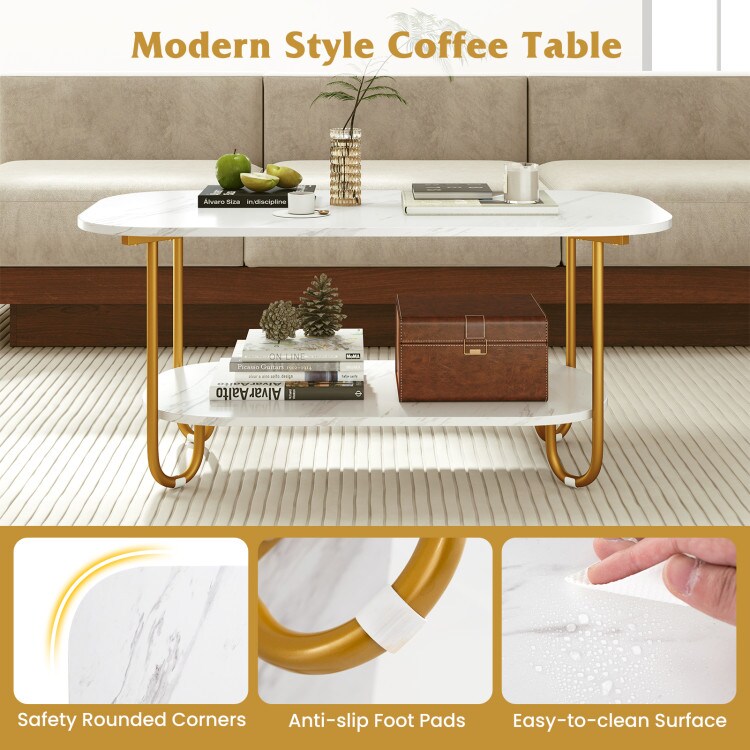 2-Tier Faux Marble Coffee Table Modern Design with Sturdy Metal Frame