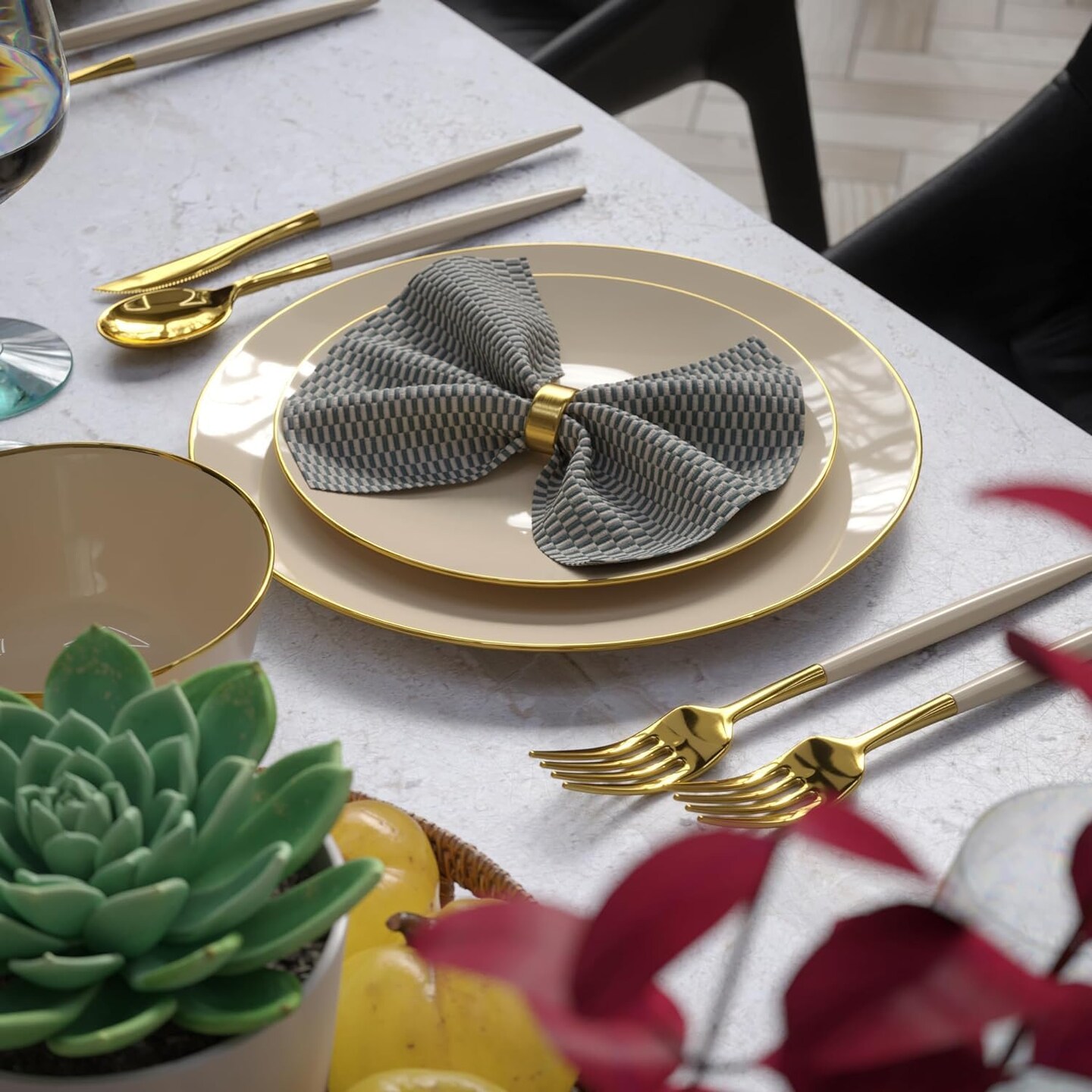 Trendables Disposable Silverware Set - Wedding Plastic Cutlery Dinnerware - Includes two toned Forks, Plastic Spoons, two colored Knives - reflective Plastic Utensils Party Set