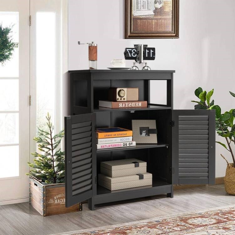 Bathroom Floor Cabinet with Louvered Doors and Open Shelf, Adjustable Storage Organizer