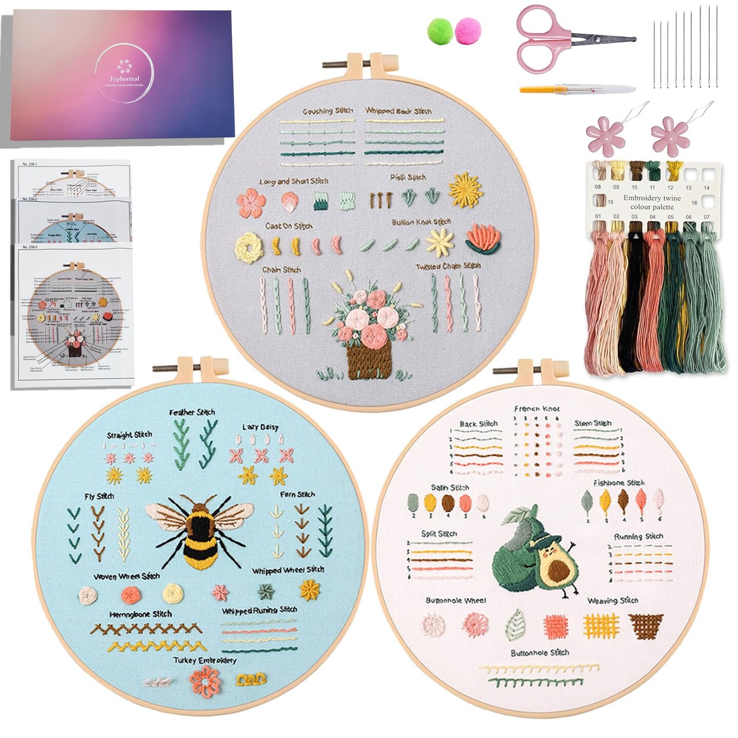Embroidery Kit for Beginners Adults Cross Stitch Starter Kit Needle Point Supplies 33 Basic Stitches in 3 Set, DIY Craft Lover Starter Hand Stitch (Flower)